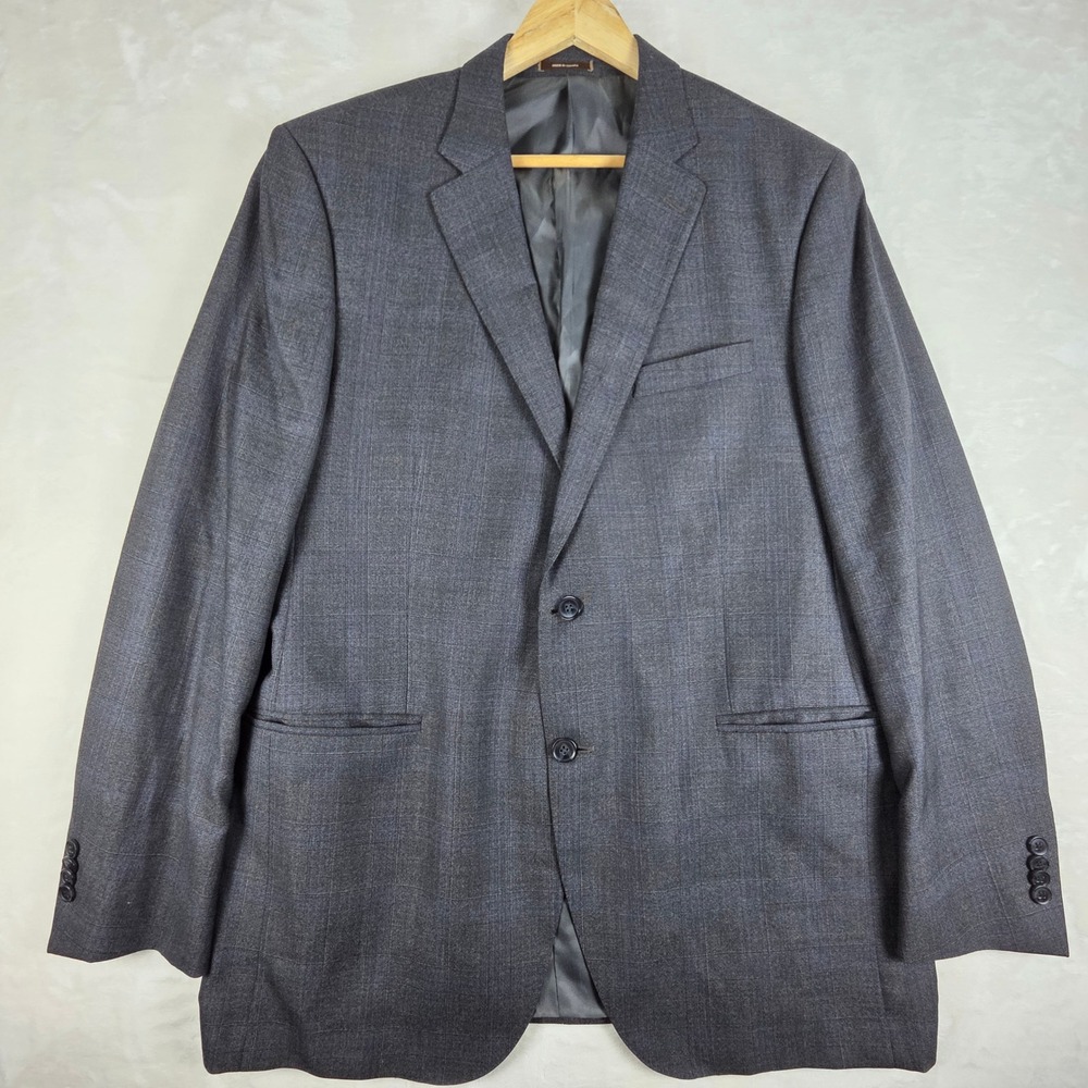 Peter Millar Sport Coat Mens 44T Grey Blue Windowpane 100% Wool Blazer Canada